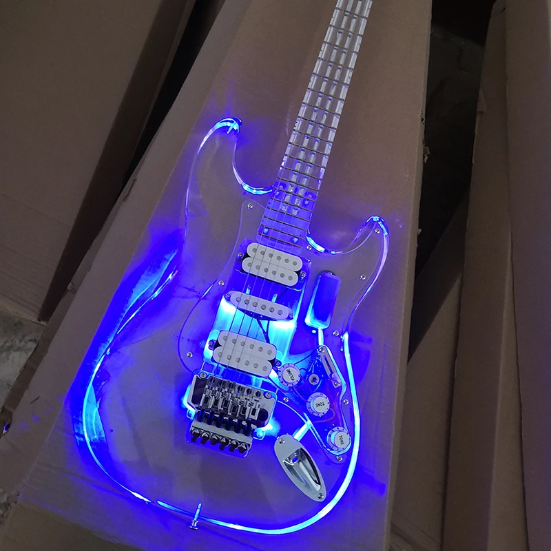 

STLF Flyoung High Quality Acrylic Electric Guitar Body and Neck Blue LED Lights HSH Pickups