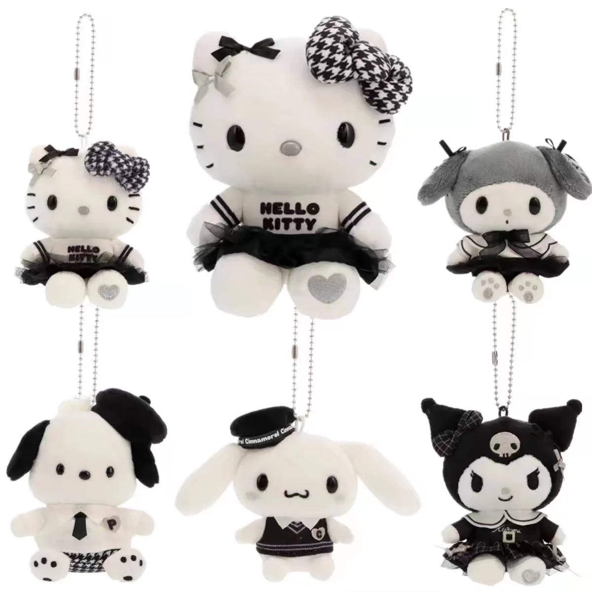 Sanrio Black White Impression Kitty cat Melody Retro Cinnamoroll Plush Cartoon Keychain Fashionable Bag Pendant Stuffed Toy