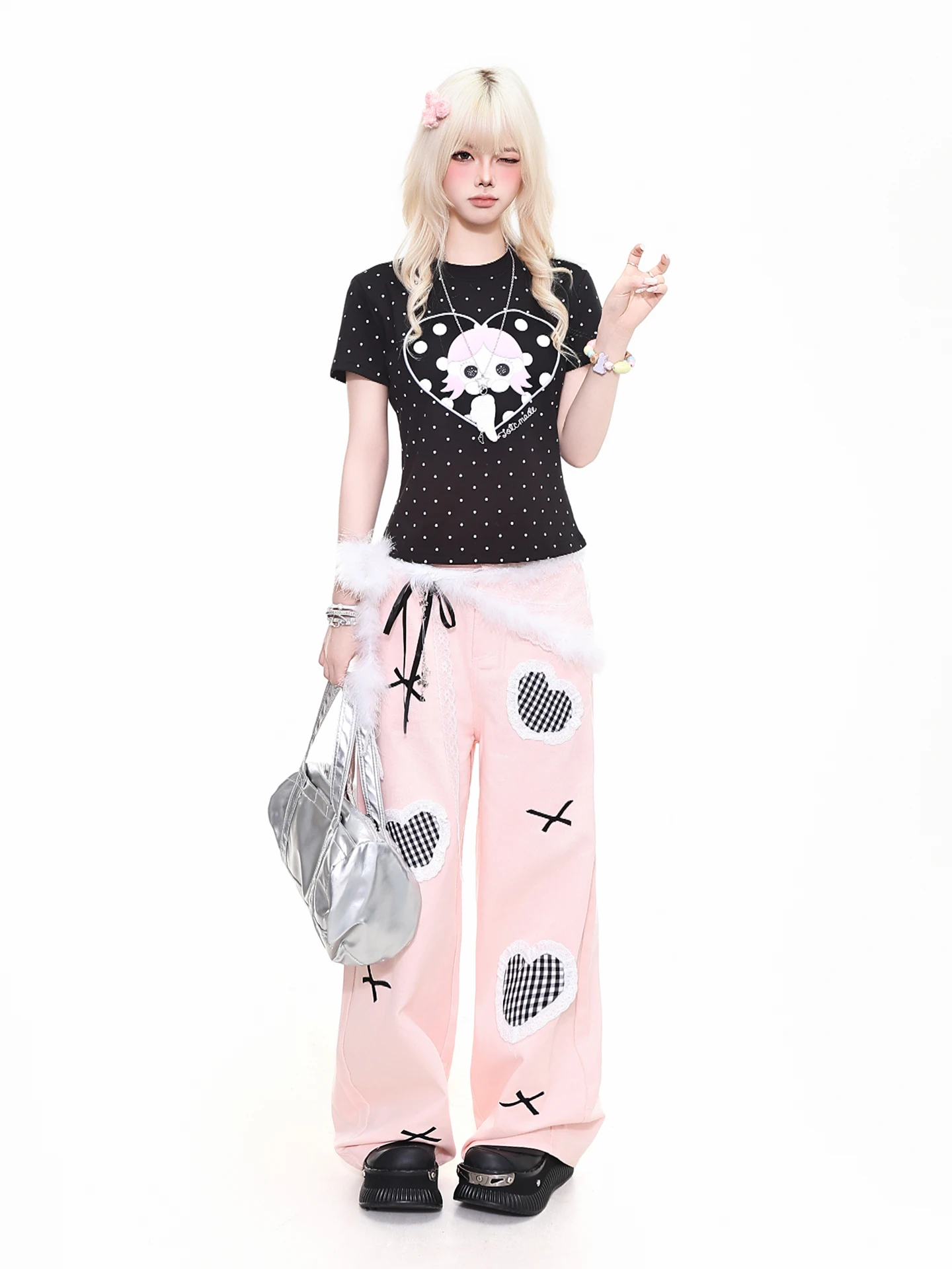 Retro Striped Lace Heart Patch Wide Leg Pants Women Loose Bow Knot Denim Jeans Girls Style Natural Waist Embroidered Summer