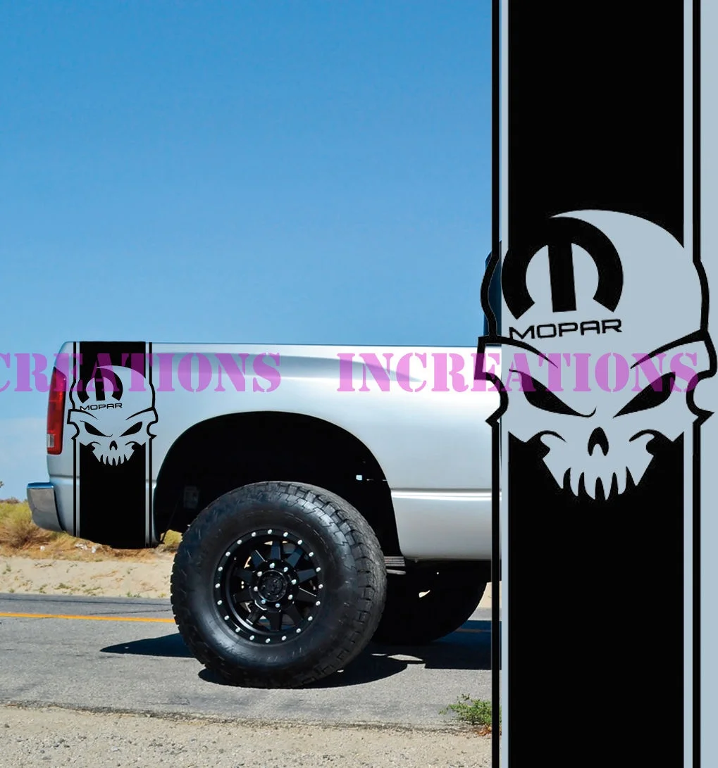 

For Universal 1Set/2Pcs Dodge Mopar Skull Bed Stripes Truck Decals Stickers Set of 2 Racing