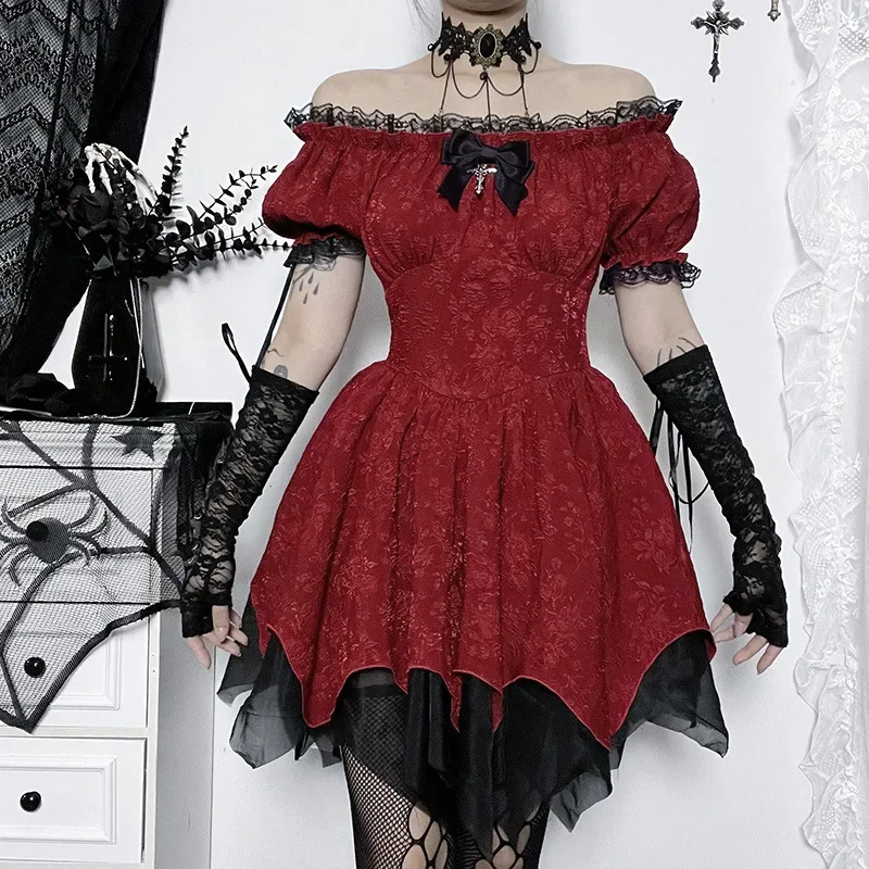 Dark Academia Gothic Dress Women Harajuku Streetwear Fairycore Grunge Lace Patchwork Puff Sleeve High Waist Dress Female