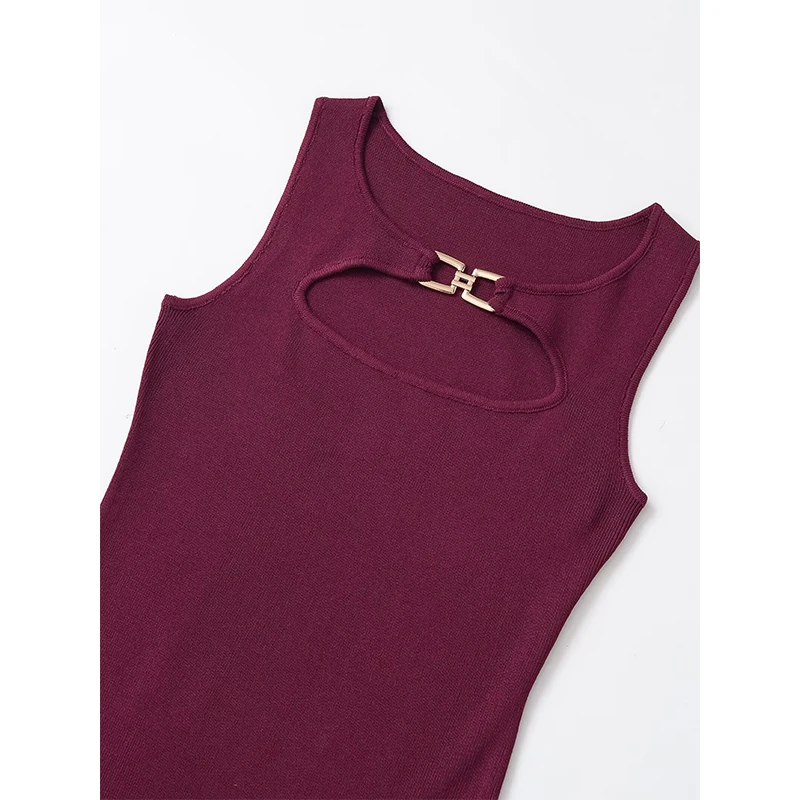 YENKYE Vestido rojo vino de punto con corte frontal para mujer, sin mangas, cuello redondo, bodycon, vestidos sexys