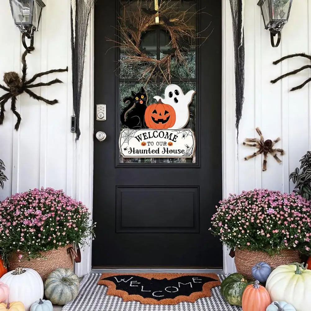 Easy to Hang Halloween Sign Spooky Halloween Wooden Door Sign with Pumpkin Ghost Black Cat Front Door Wall Hanging for Indoor