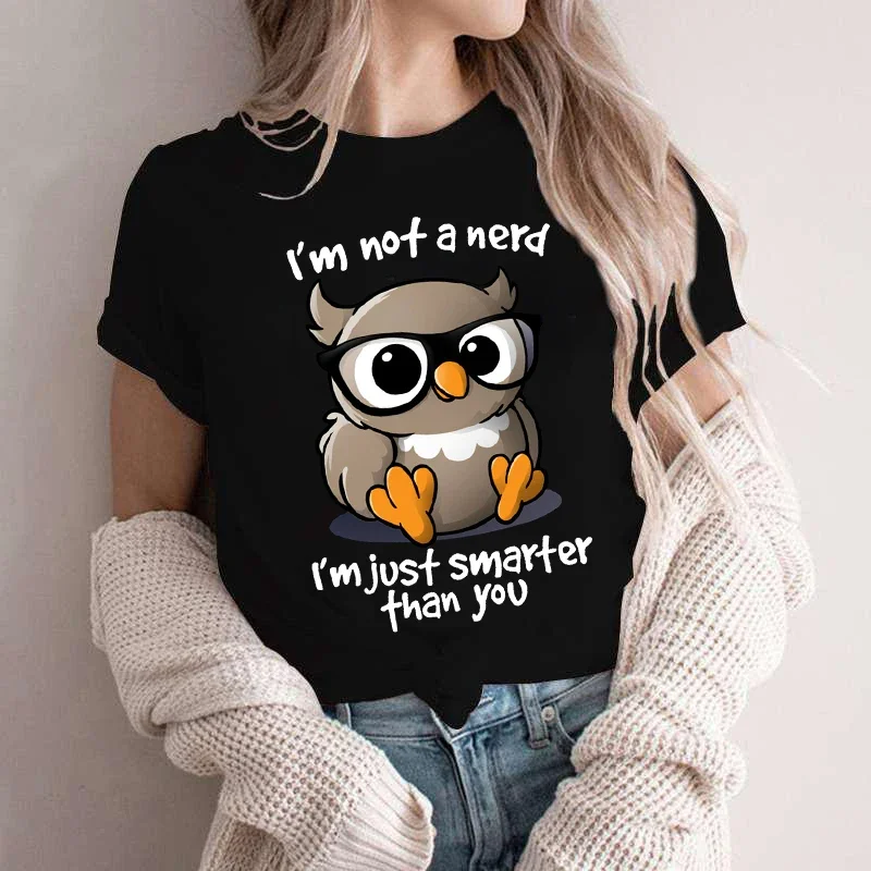 Kawaii Owl Print T Shirts for Women Clothes I\'m Not A Nerd I\'m Just Smarfer Than You Funny T-shirts Graphic Female Y2K Tops Tees