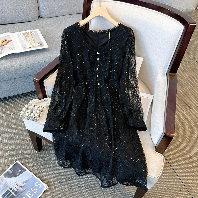 150Kg Plus Size Women\'s Bust 151 Autumn Lace Sequins Sweet Style Dress Long Sleeve V-Neck Dress Black White 5XL 6XL 7XL 8XL 9XL