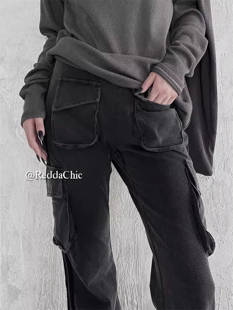 ReddaChic Acubi Fashion Women Flare Cargo Pants Cotton Long Trousers Elastic Waist Wide Leg Pockets Sweatpants Retro Streetwear