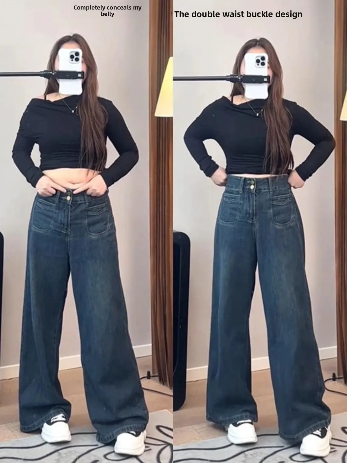 الرجعية عالية الخصر Fce اصطف واسعة الساق الجينز المرأة الخريف الشتاء حجم كبير التخسيس مستقيم قطع بنطلون فضفاض صالح الجينز