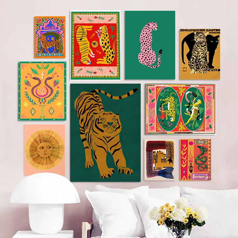 Framed Boho Exotic Animal Canvas Wall Art Tiger Leopard Snake Sun Print Wall Poster Living Room Bedroom Wall Decor Art Gift