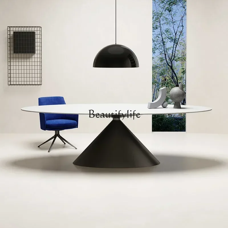 54*minimalist rock slab dining table high-end large flat-floor villa oval rock slab dining table