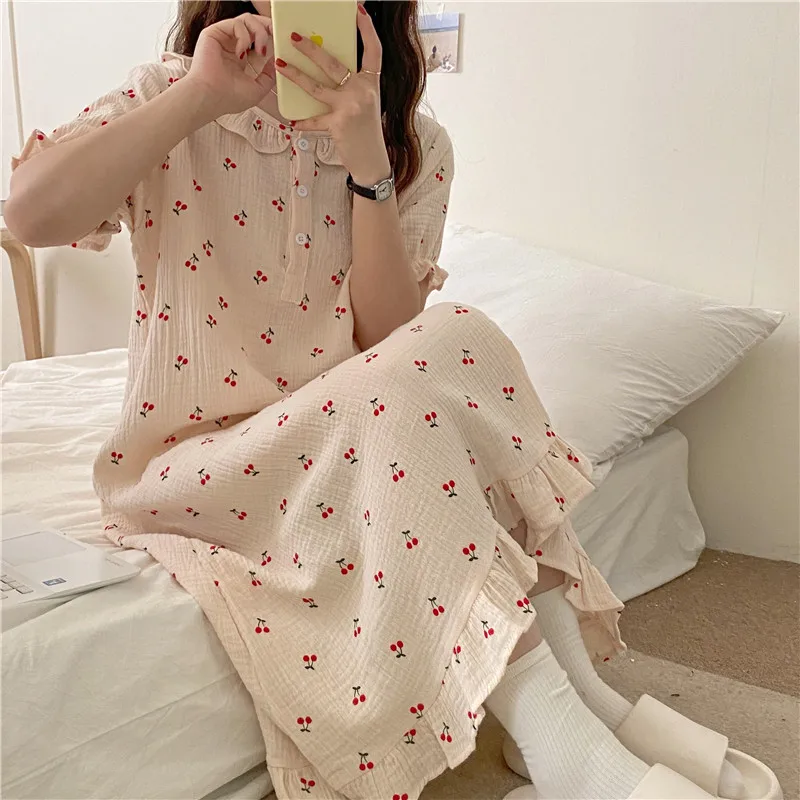 Heart Print Summer Nightgown Women O-Neck Short Sleeve Casual Long Sleepwear Loose Ruffles Midi Length Night Dress Purple