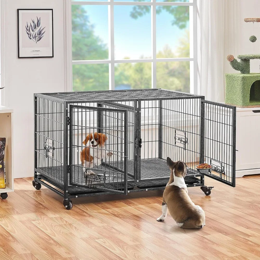 Stackable Dog Crate with Divider 43'' Rolling Heavy Duty Dog Cage with Open Top/ 2 Removable Trays for Small/Medium Dog