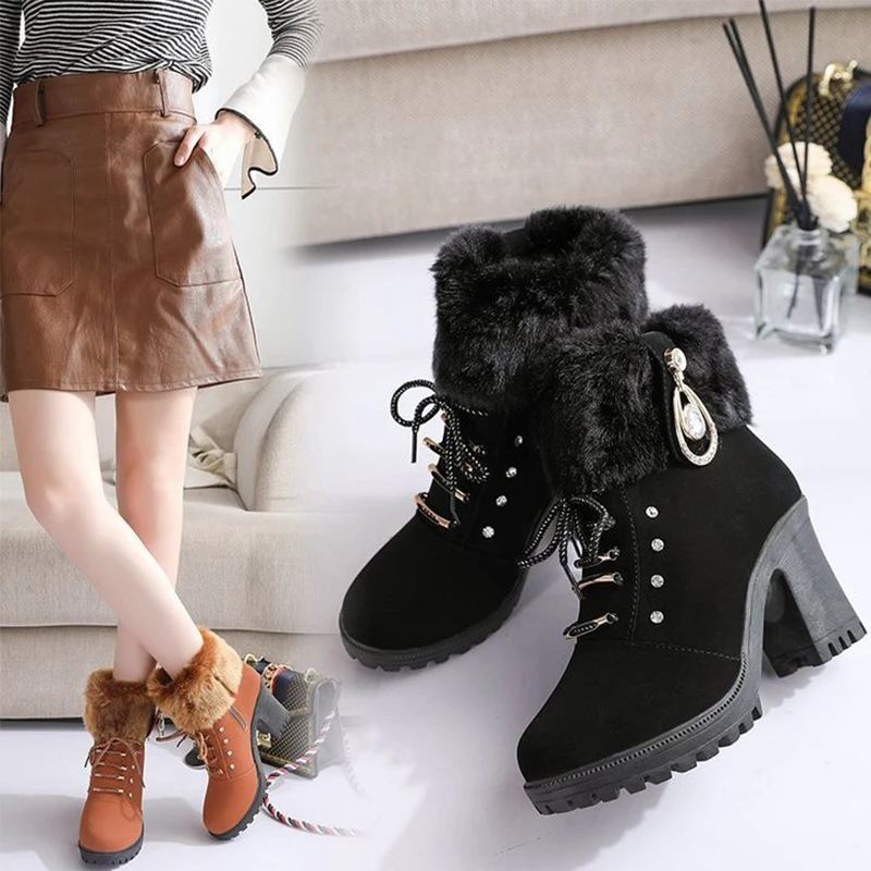 High Heel Winter Shoes Women Winter Boots Fashion Women\'s High Heel Boots Plush Warm Fur Shoes Ladies Brand Ankle Boots crystal