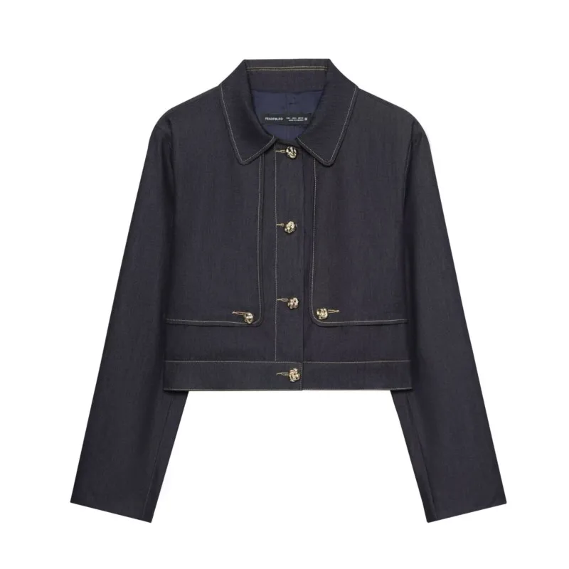 

Women Jacket With Contrast Stitch Cropped Autumn Long Sleeve Turn Down Collar Women's Jackets Casual Lady Coats Female Tops