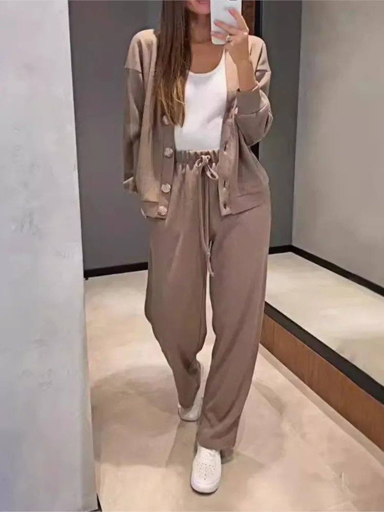 Simple Solid Color Sports Pants Sets Women Casual Knitted V-neck Cardigan High Waist Trousers Sporty Style Two Piece Set Female