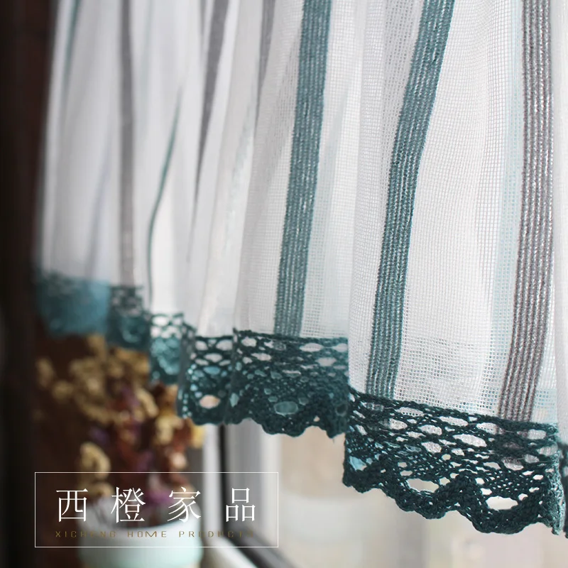 

Beautiful Countryside Lace Short Yarn Curtains for Living Room Striped Kitchen Short Half Window Covering Curtain