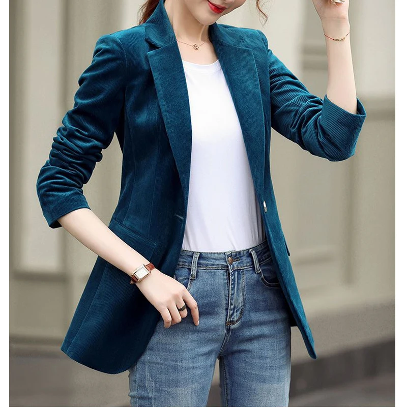 2 Piece Sets Women Vintage Corduroy Elegant Suit Office Lady Long Sleeve Business Casual Blazer Jacket High Waist Straight Pants