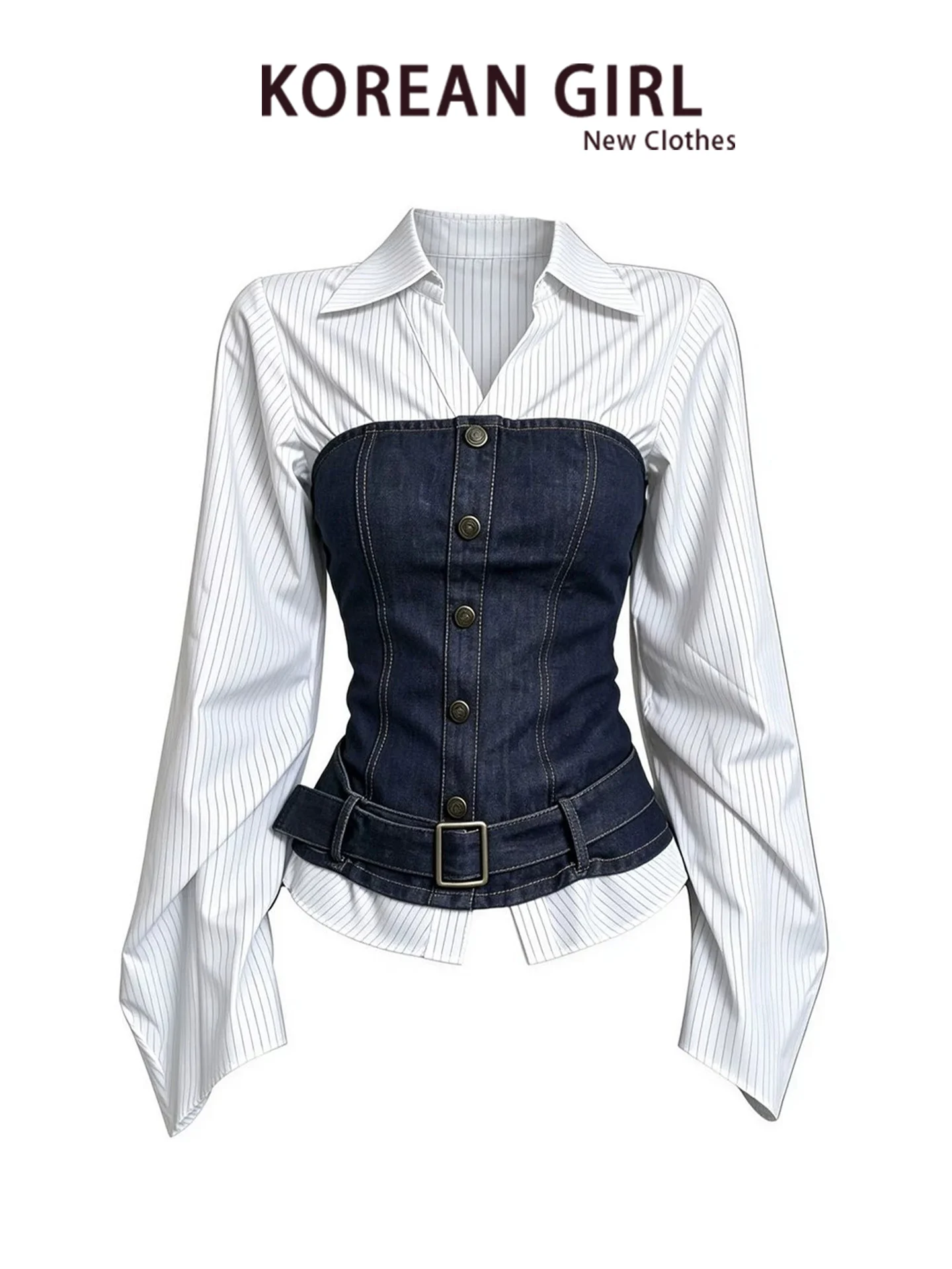 Fall 2026 Women's Denim Tube Top Vest Collared Shirt True Two-Piece High Waist Wide Leg Pants Set Casual Fashion Ensemble