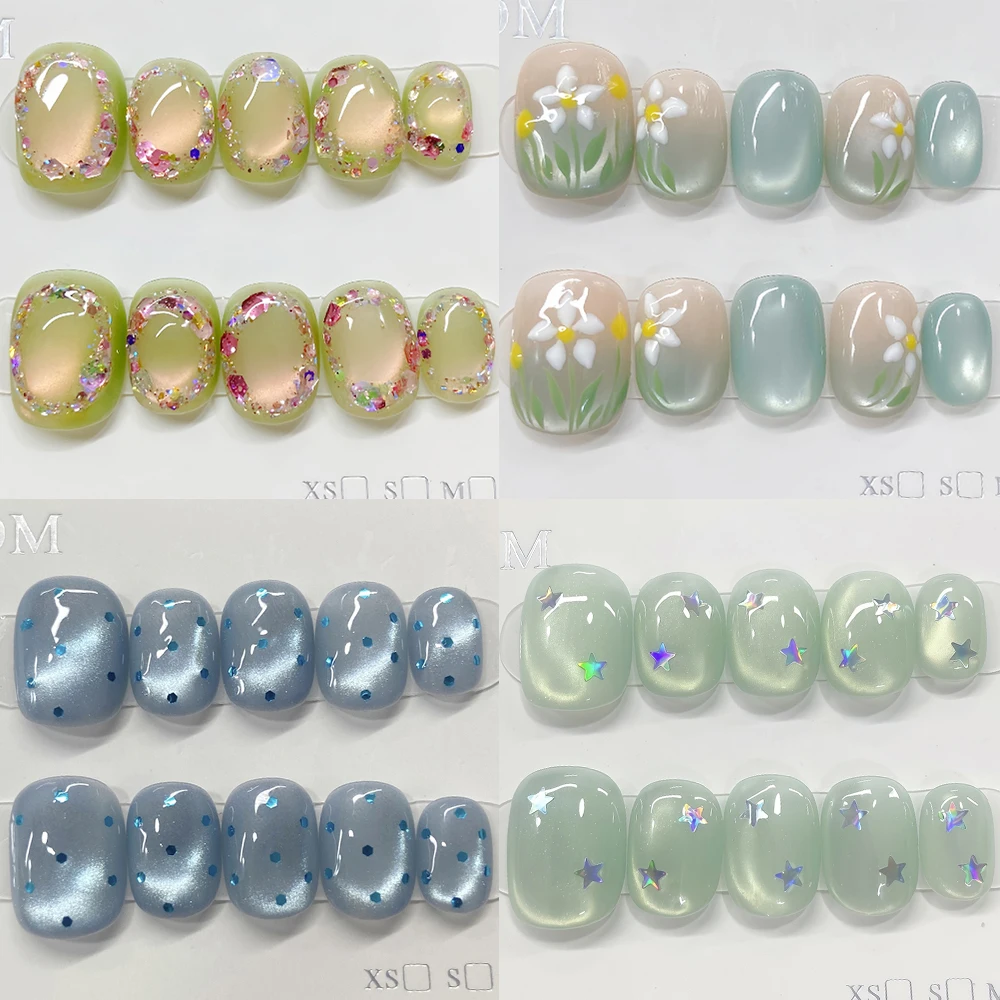 

Beautiful Cute Short Square Round Handmade Glossy Cat Eyes False Nails Butterfly Bowknot Flowers Polka Point Wearable False Nail
