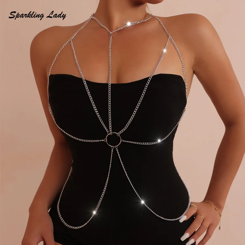 

Women's Geometric Line Layered Chain Body Chain Silver Aluminum Halter Chest Chain Backless Body Jewelry for Rave Festival Club