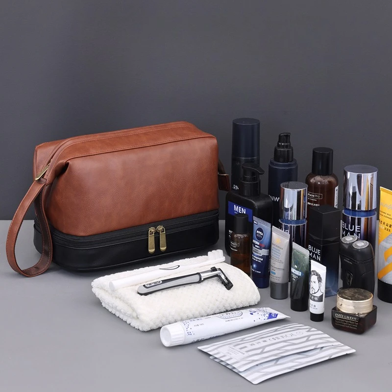 Men PU Leather Double‑Layer Wet Dry Separation Makeup Bag Portable Travel Toiletry Kit, Cosmetic bag for Business Trip