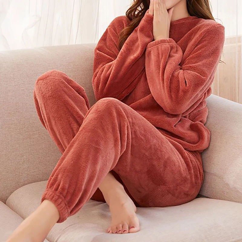 EVNISI Women Velvet Pajama Set Loose Top And Elastic Waist Pants Home Casual Warm Woolen Suit Women 2023 Autumn Winter