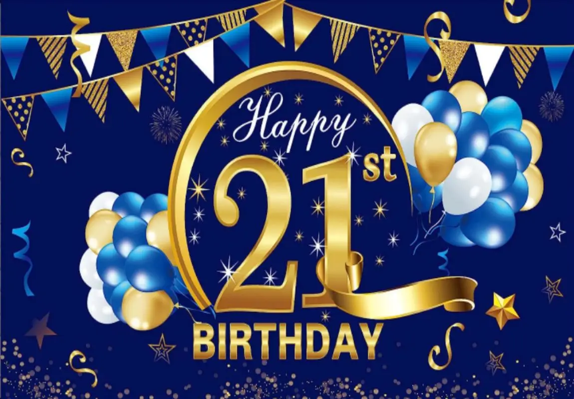 Happy 21st Birthday Banner Decorations  Blue Gold 21 Birthday Backdrop Party Supplies 21 Year Old Birthday Photo Background Boy