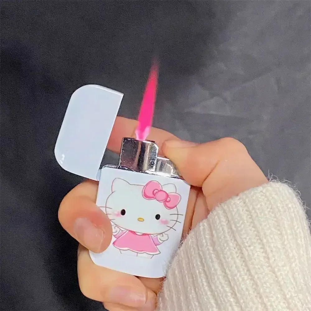 Kawaii Hello Kitty Kuromi gas lighter cute cartoon Cinnamoroll creative pink flame cigarette lighters ins high value boyfriend