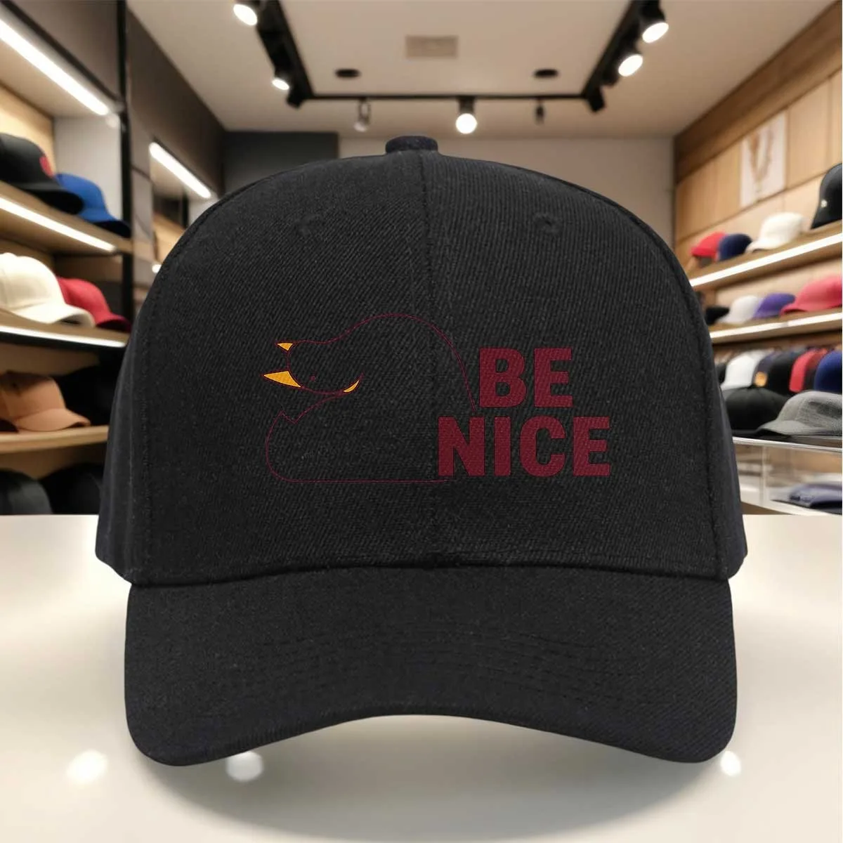 Cute Duck Print Baseball Cap with BE NICE Lettering - Adjustable Unisex Hat Suitable for,, Graduation, Machine Washable Cap with
