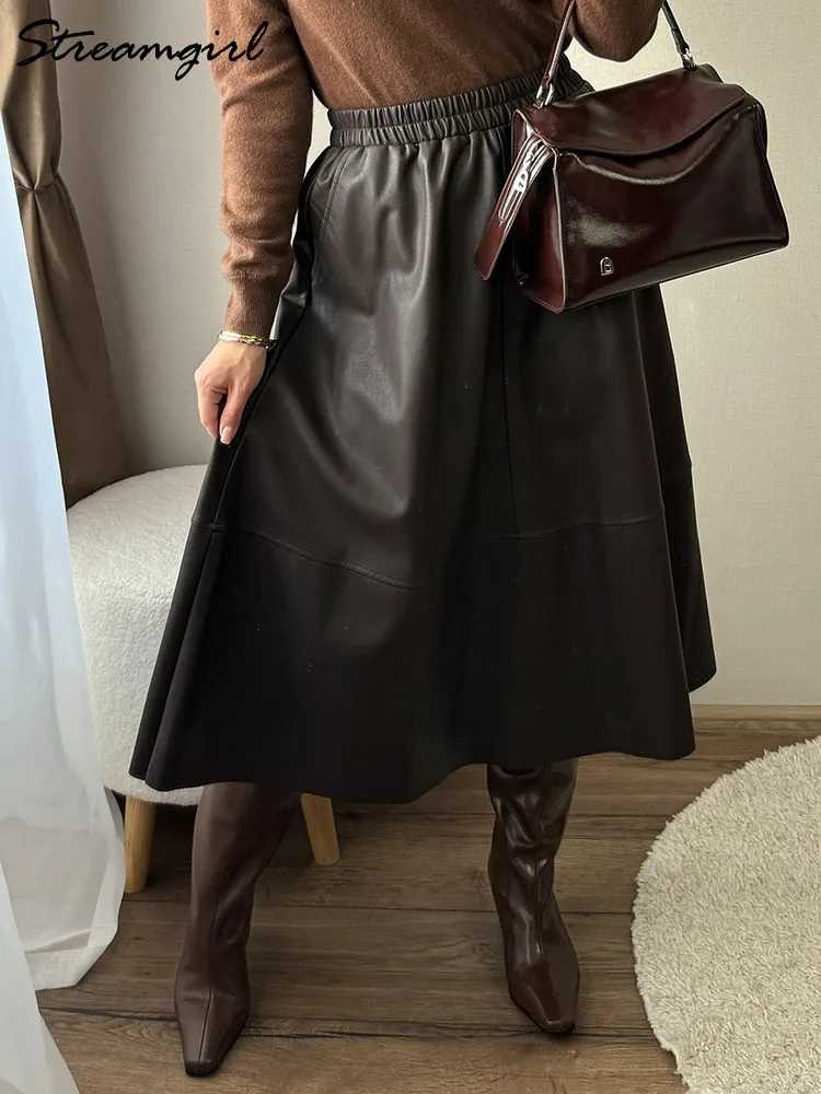 Black Midi Leather Skirts For Women Autumn Elastic Waist A Line Skirts Big Swing Ladies PU Leather Skirts Women High Quality