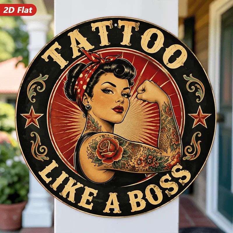 2D Flat, 1pc Pin Up Tattoo Rebel Round Metal Sign Wall Art, Vintage Pin-Up Woman, Home Decor, Rose Arm Tattoo, Bold Retro Slogan