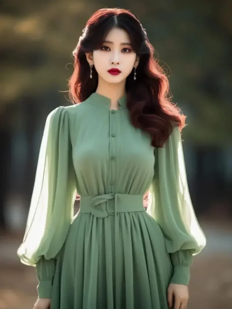 Gagarich Fashion Green White Chiffon Dress 2024 Spring New French Style Bubble Sleeve Banquet Presidential Dresses Women