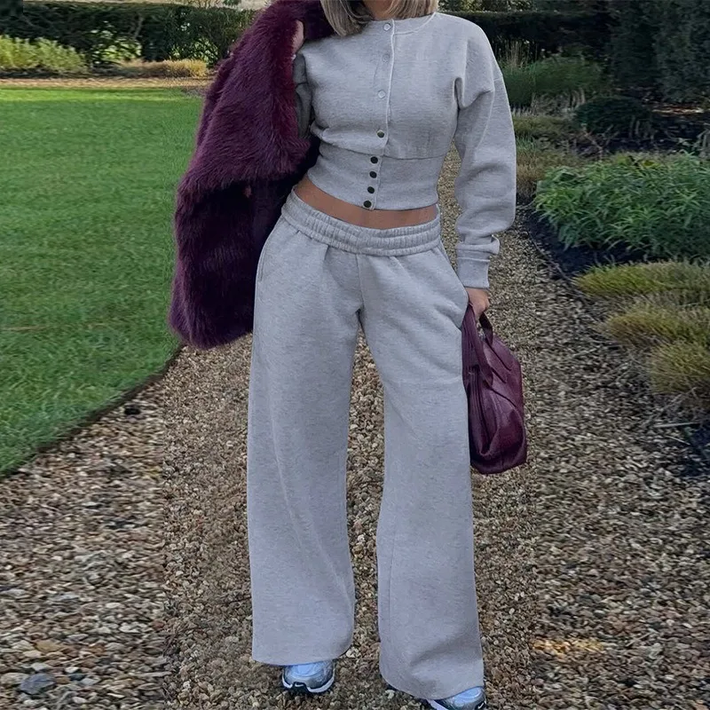 

Флисовый комплект из 2 предметов, женские однобортные однобортные тонкие толстовки с круглым вырезом и длинными рукавами, топ + свободные прямые брюки, повседневные костюмы