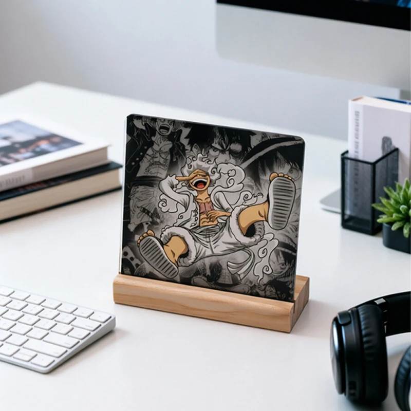 

2026 New Anime One Piece Gear 5 Luffy Acrylic Desk Decor Anime Display Plaque with Wooden Base 10x10cm Desktop Ornament