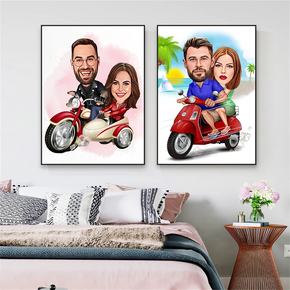 Custom Lovers Wedding Cartoon Portrait Prints Caricatures Personalize Canvas Painting Print Coupler Valentine's Day Wall Decor