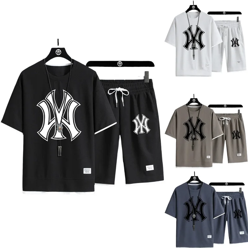

2025 New short-sleeved men's T-shirt, retro round-neck T-shirt top, summer high street fashion casual set, shorts
