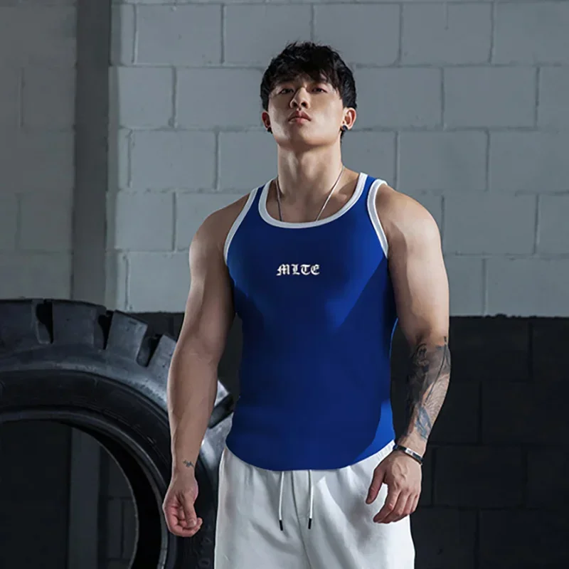 Men\'s Sports Sleeveless Fitness Racer Vest Milk Silk Patchwork Training Shirt Quick-Drying Breathable Muscle Weight Top M-3XL