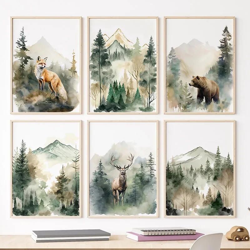 

Постеры и принты в скандинавском стиле лес туман медведь Волк Олень Животные Детская Настенная картина на холсте картины украшение детской комнаты