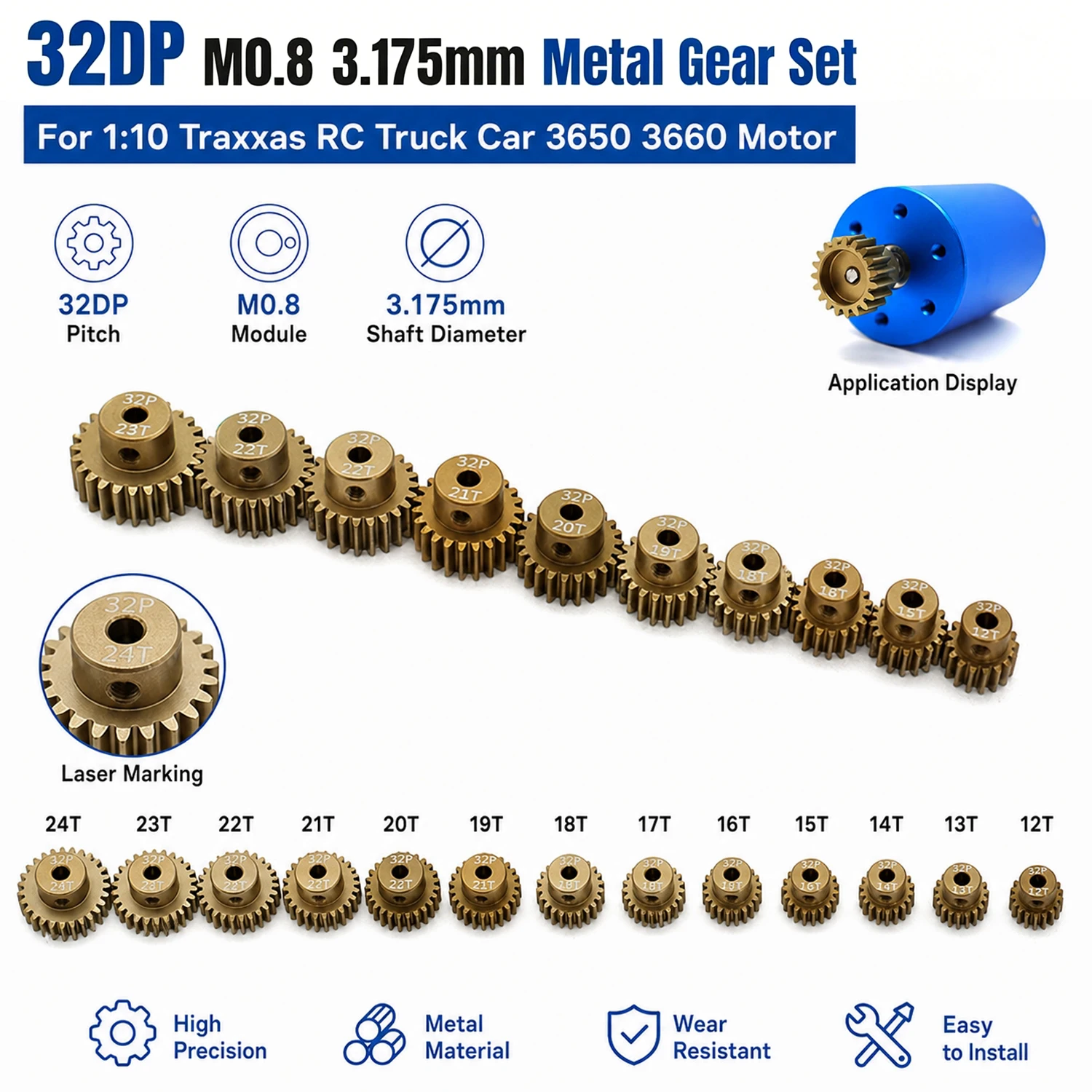 32DP M0,8 3,175mm 24T 23T 22T 21T 20T 19T 18T 17T 16T 15T 14T 13T 12T Metallgetriebe für 1:10 Traxxas RC LKW Auto 3650 3660 Motor