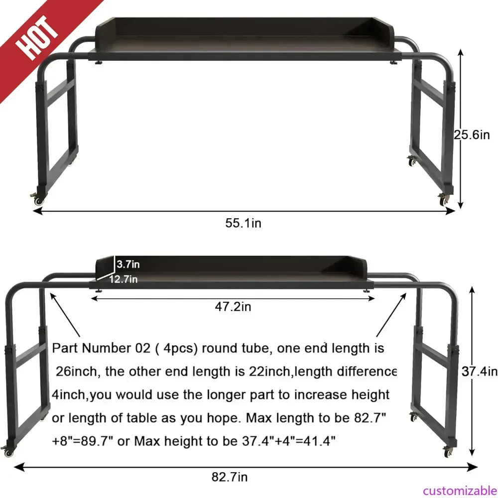 Mesa de Cama Personalizável com Rodas, Mesa para Cama King e Queen, Mesa para Laptop sobre a Cama