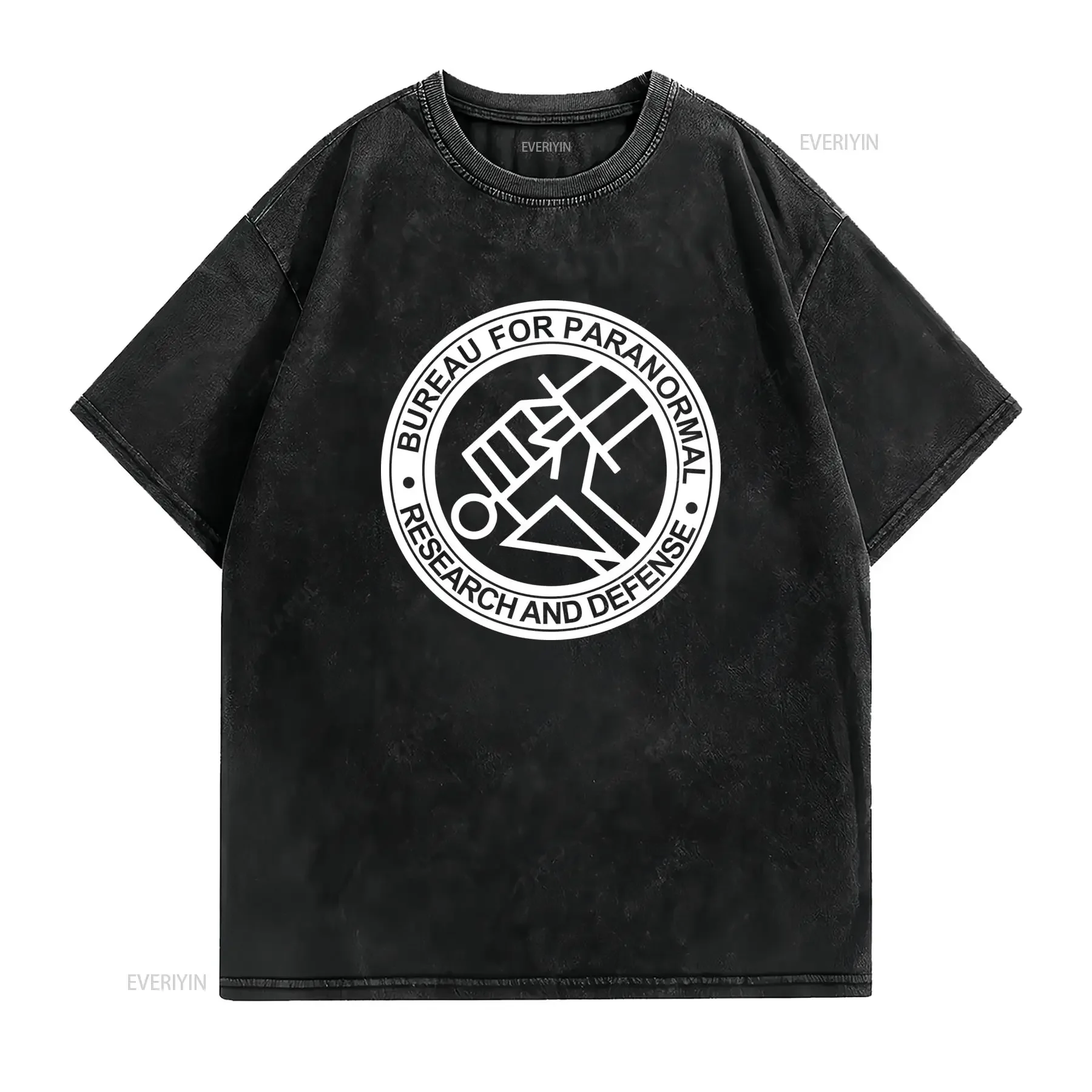 Cool Black White Line Art Paranormal Research Defense Bureau Print Streetwear Casual T Shirt vintage Washed Unisex fashion
