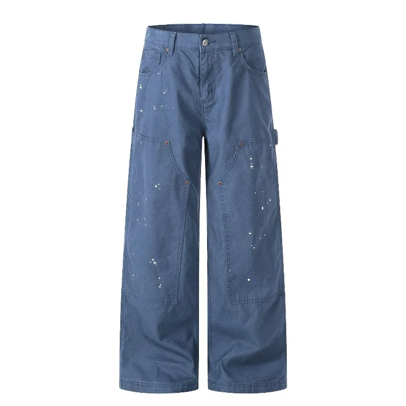 KIDWHXR Men Trousers Streetwear Printed Pocket Male Straight-leg Pant Retro Loose Simple Mid Waist Casual Man Denim Pant