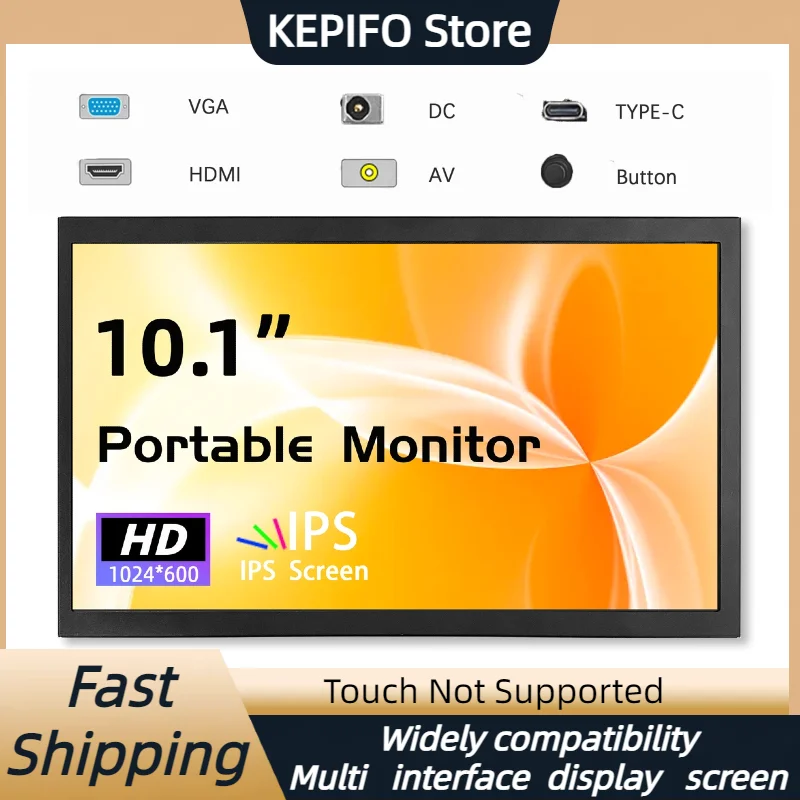 10 inch portable monitor 1024x600 IPS LCD HDMI compatible VGA AV input DC C-type screen power supply, suitable for laptop, camer