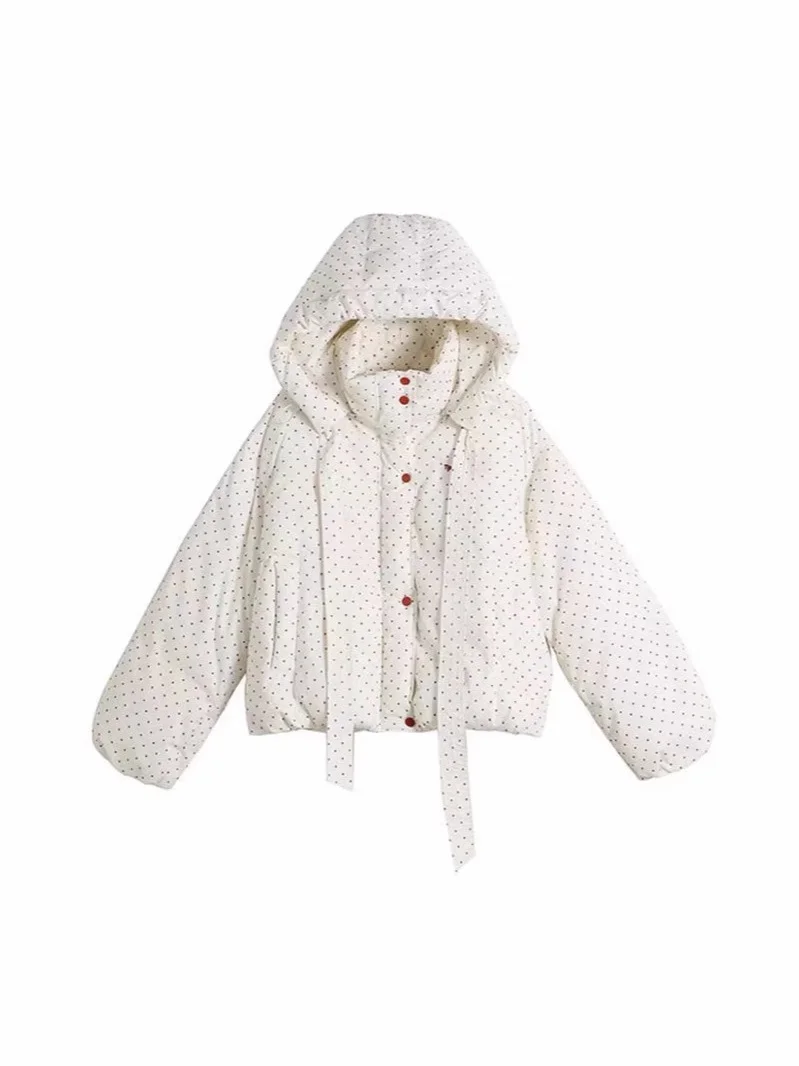 

Хлопковая куртка с капюшоном Sweet Bow в горошек, новая зимняя теплая толстая верхняя одежда с длинными рукавами для женщин, корейская версия, универсальный короткий топ