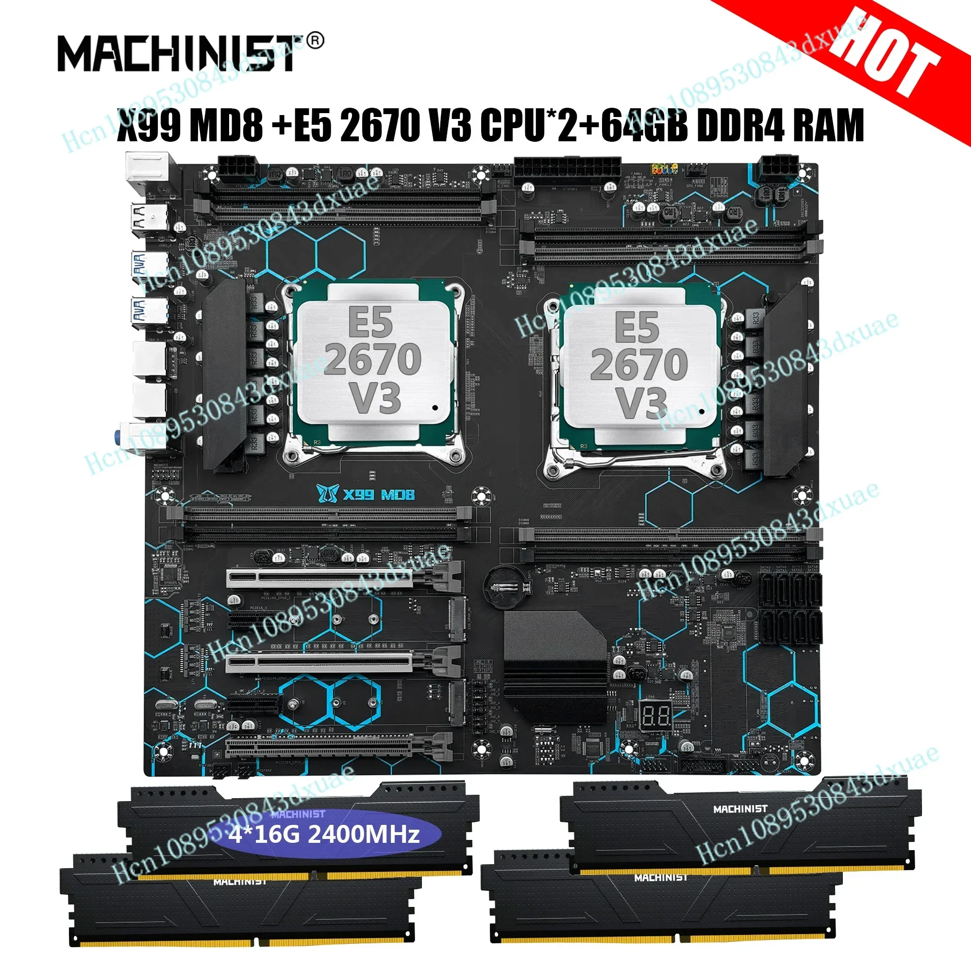 MACHINIST X99 Dual CPU Motherboard Combo LGA 2011-3 Xeon Kit E5 2670 V3 Processor NVME M.2 DDR4 16G*4 RAM 2400MHz USB3.0 X99 MD8