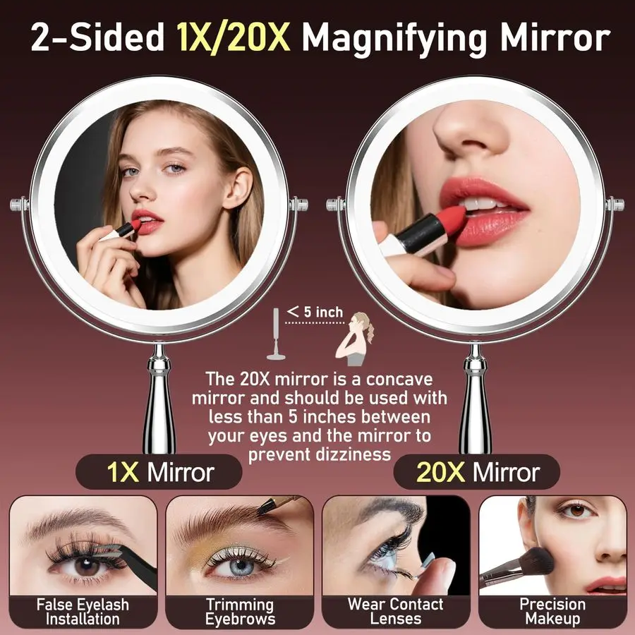Spiegel met verlichting, 20x vergrotende spiegel met licht voor dames, 5000 mAh make-upspiegel met verlichting en 3 kleuren, 2 zijdelings verlicht