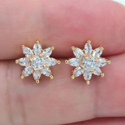 Fashion Gold Color Women Clear Zircon CZ Blossom Flower Stud Earrings Jewelry