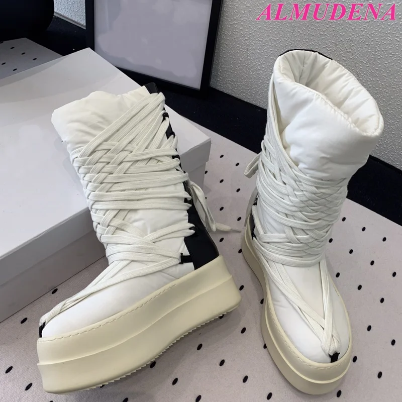 Women and Men Flat Platform Cross Tie High Boots Black/White Lace up Rubber Sole Soft Warm Boots Luxury Designer Punk Shoes