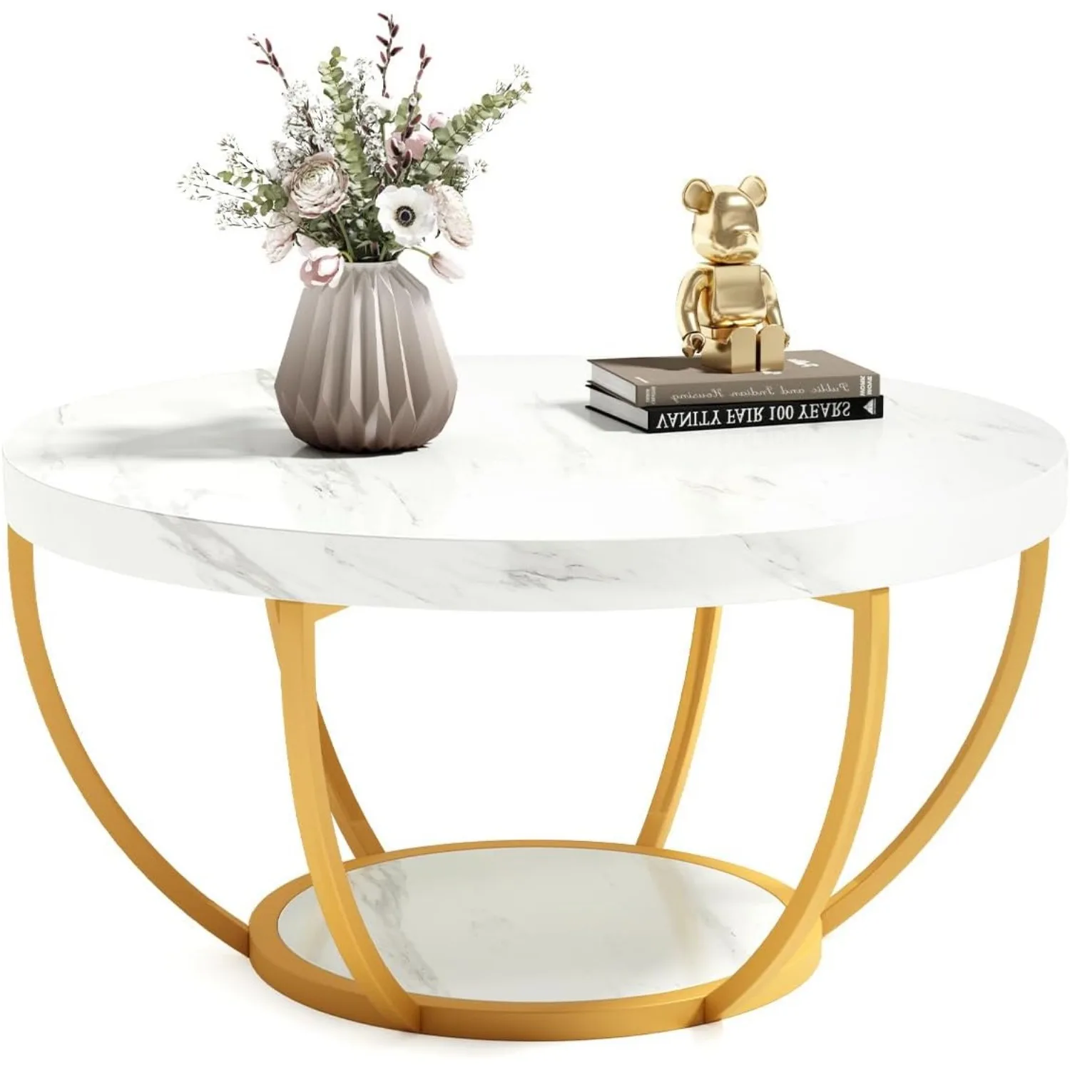 

Circle Marble Coffee Tables, 2-Tier Golden Metal Legs Accent Center Table with Open Storage Modern Design Home Furniture