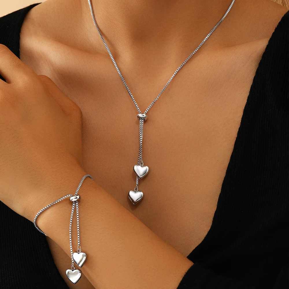 Aepede Stainless Steel Gold Heart Women's Necklace Bracelet Set Trendy Fashion Holiday Party Gift Jewelry