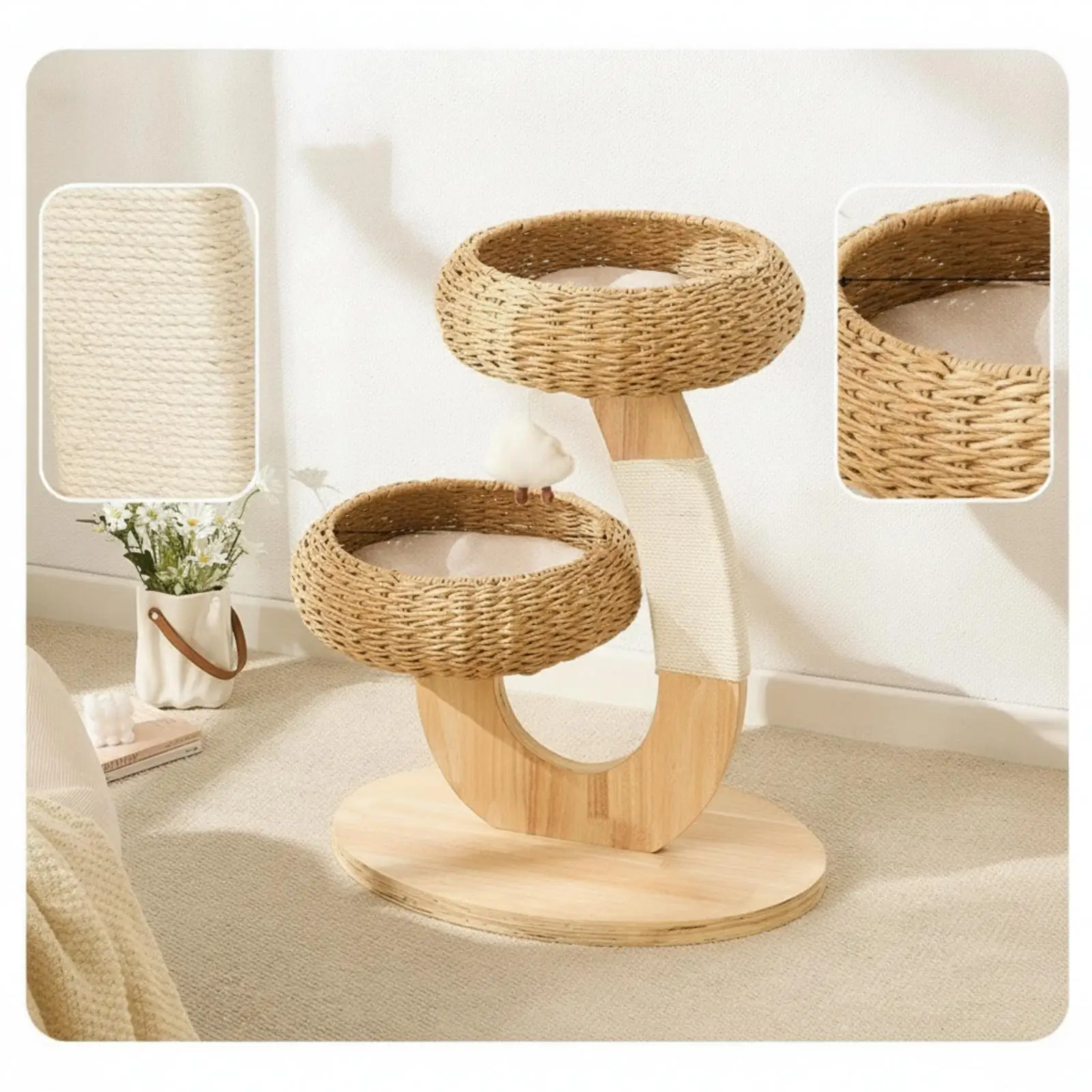 Wooden Cat Tree with Rattan Perch Compact Cat Tree with Perch Sturdy for Kittens Wooden Cat Tree with Rattan Perch Compact Cat Tree with Perch Sturdy for Kittens